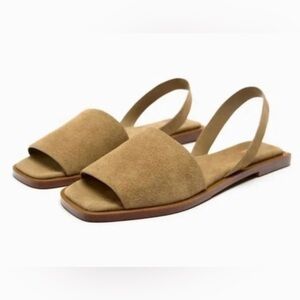 ZARA Flat Square Toe Studded Suede Leather Sandals Sandy Tan 41/10.5 US